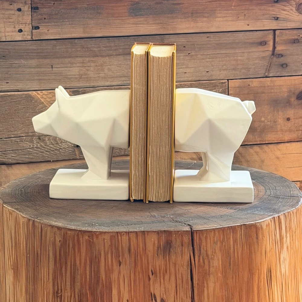 Modern Minimalist Geometric Pig Ceramic Bookends Faceted Origami Style Farmhouse